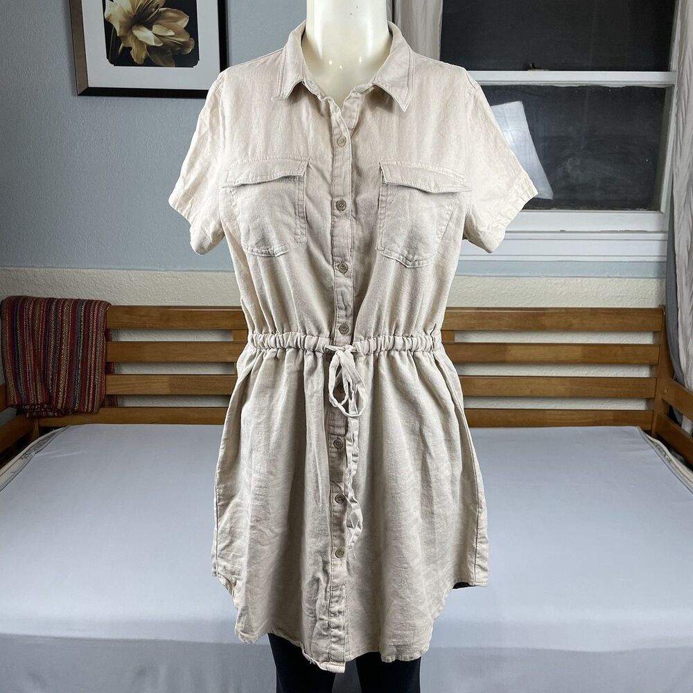 Love Tree Linen Blend Button Front Collared Mini Dress Women’s LG Khaki Safari